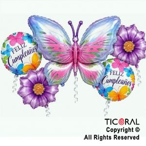 SET DE GLOBOS METALIZADO MARIPOSA Y FLORES LILAS 5 UNIDADES